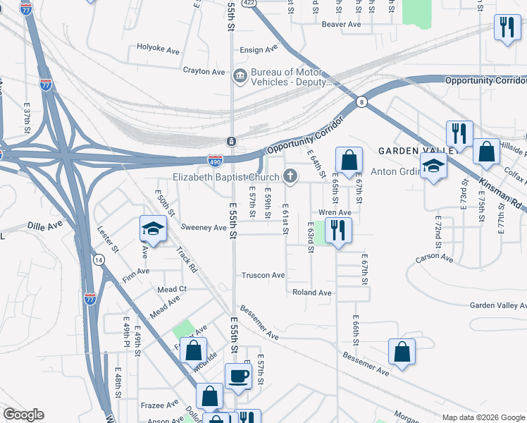 map of restaurants, bars, coffee shops, grocery stores, and more near 2960 East 59th Street in Cleveland