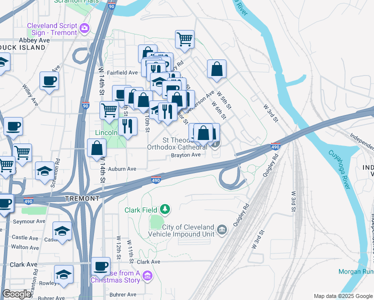 map of restaurants, bars, coffee shops, grocery stores, and more near 2480 Professor Avenue in Cleveland