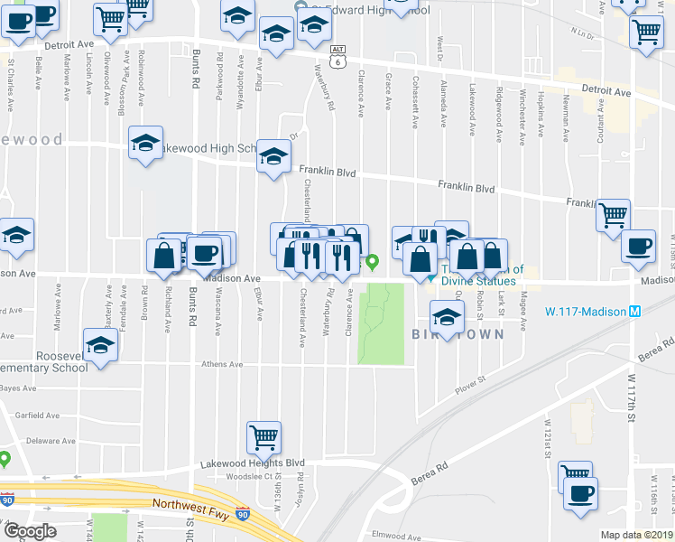 map of restaurants, bars, coffee shops, grocery stores, and more near 1646 Waterbury Road in Lakewood