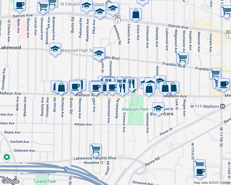 map of restaurants, bars, coffee shops, grocery stores, and more near 1646 Waterbury Road in Lakewood
