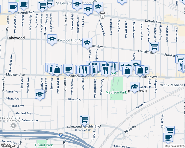 map of restaurants, bars, coffee shops, grocery stores, and more near 1658 Chesterland Avenue in Lakewood