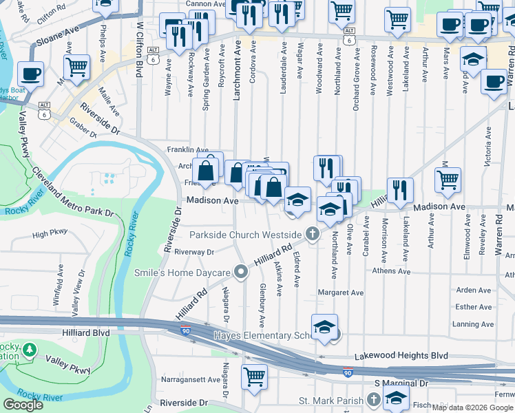 map of restaurants, bars, coffee shops, grocery stores, and more near 1664 Cordova Avenue in Lakewood
