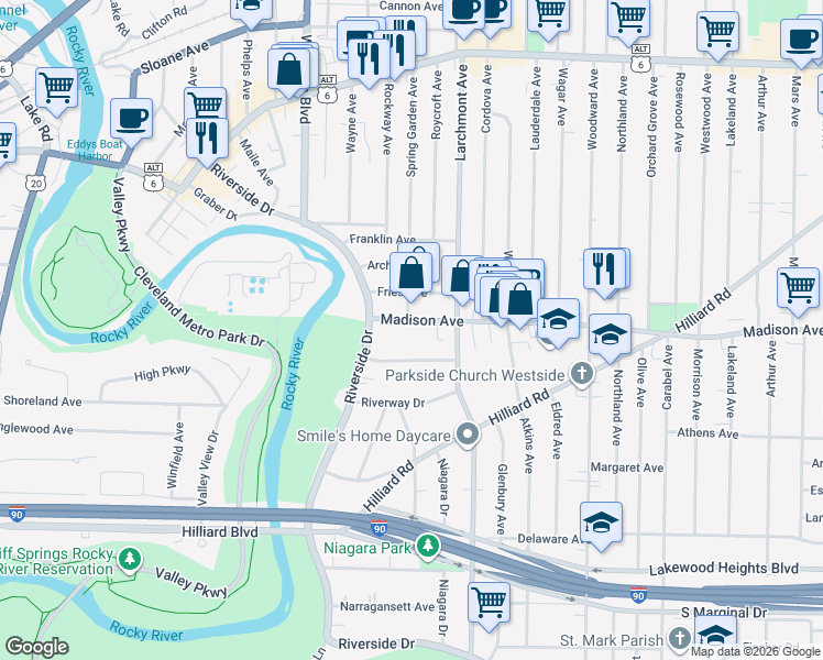 map of restaurants, bars, coffee shops, grocery stores, and more near 17526 Madison Avenue in Lakewood