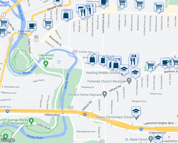 map of restaurants, bars, coffee shops, grocery stores, and more near 17526 Madison Avenue in Lakewood
