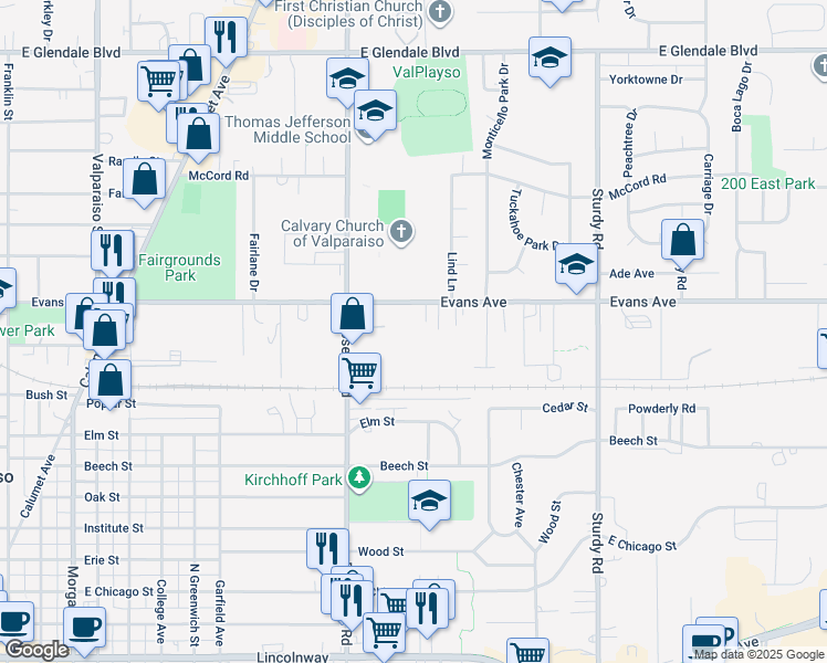 map of restaurants, bars, coffee shops, grocery stores, and more near 1402 Evans Avenue in Valparaiso