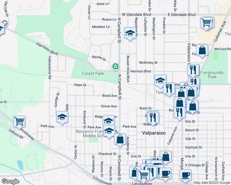 map of restaurants, bars, coffee shops, grocery stores, and more near 454 Bond Avenue in Valparaiso