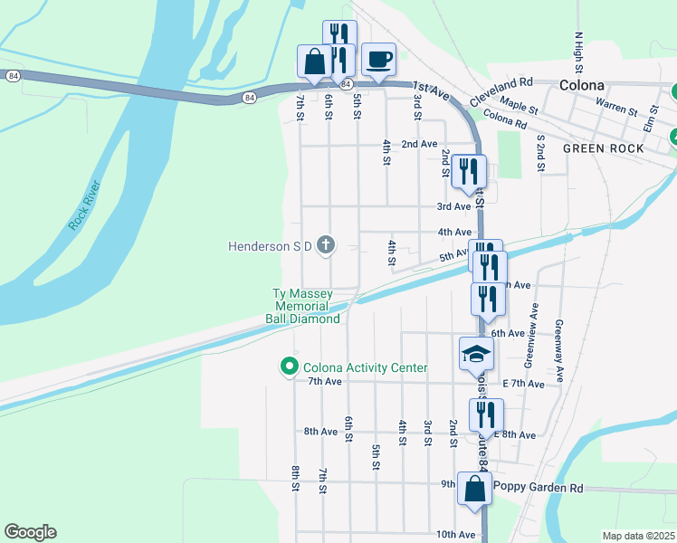 map of restaurants, bars, coffee shops, grocery stores, and more near 318 6th Street in Colona