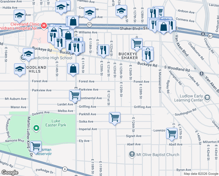 map of restaurants, bars, coffee shops, grocery stores, and more near 12101 Parkview Avenue in Cleveland