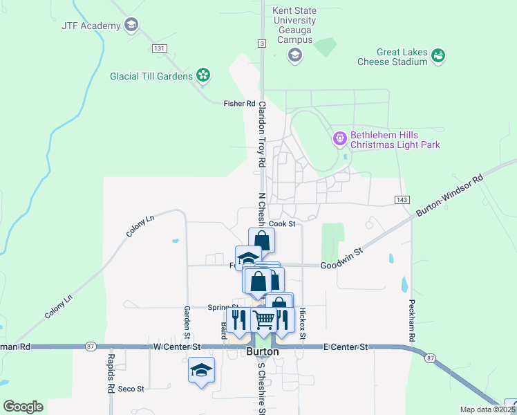 map of restaurants, bars, coffee shops, grocery stores, and more near 14380 North Cheshire Street in Burton