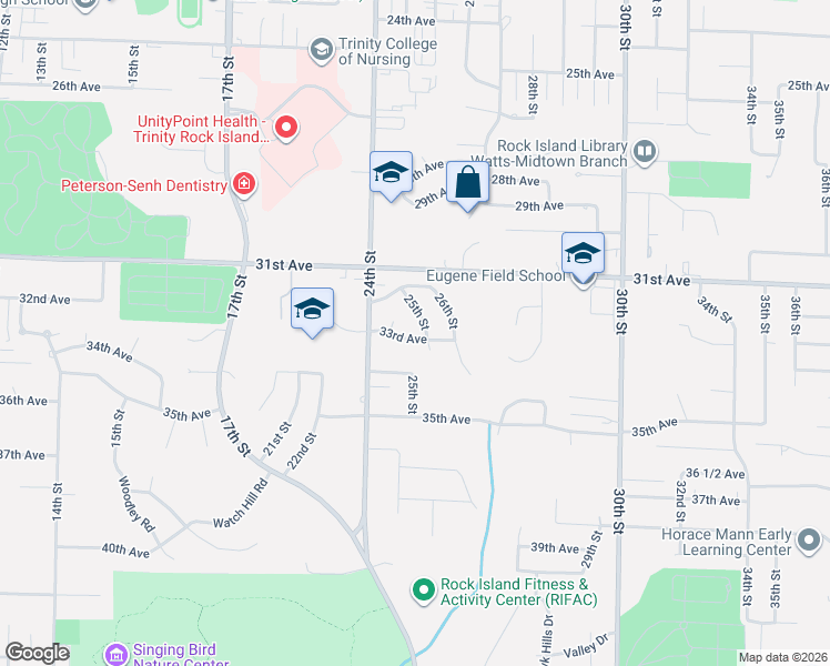 map of restaurants, bars, coffee shops, grocery stores, and more near 3222 25th Street in Rock Island