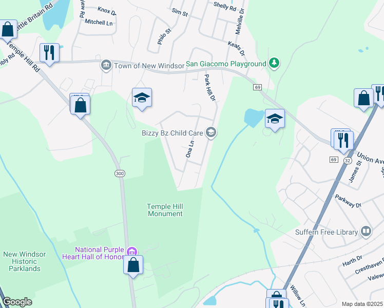 map of restaurants, bars, coffee shops, grocery stores, and more near 34 Park Hill Drive in New Windsor