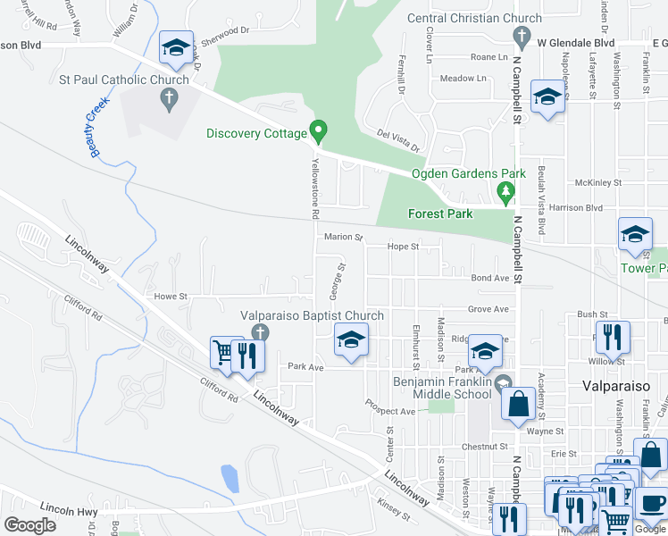 map of restaurants, bars, coffee shops, grocery stores, and more near 821 George Street in Valparaiso
