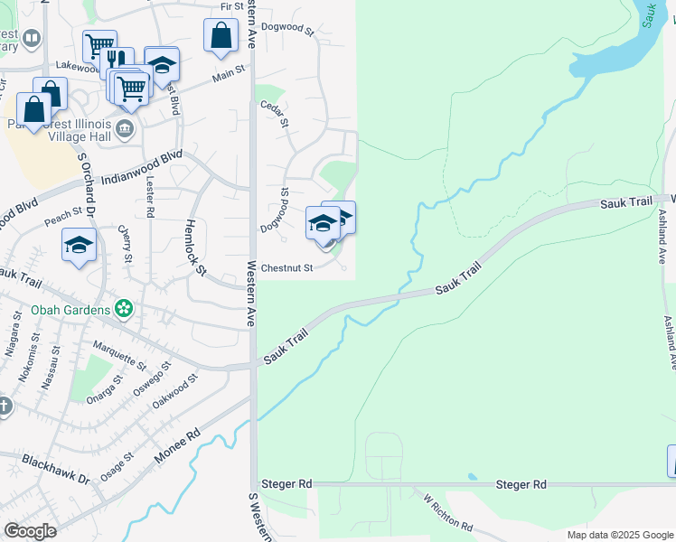 map of restaurants, bars, coffee shops, grocery stores, and more near 4 Chestnut Court in Park Forest