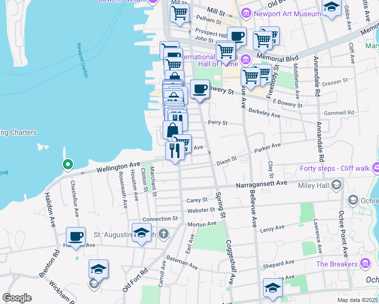 map of restaurants, bars, coffee shops, grocery stores, and more near 21 Underwood Court in Newport
