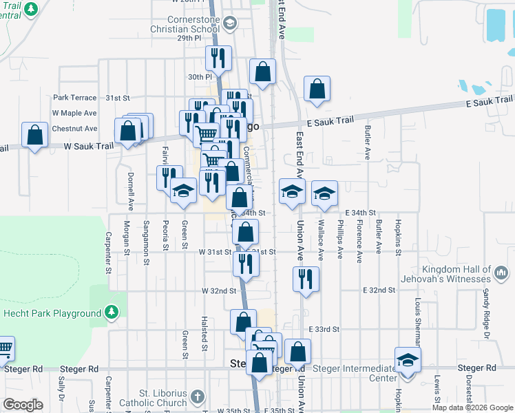 map of restaurants, bars, coffee shops, grocery stores, and more near 3333 Commercial Avenue in Chicago Heights