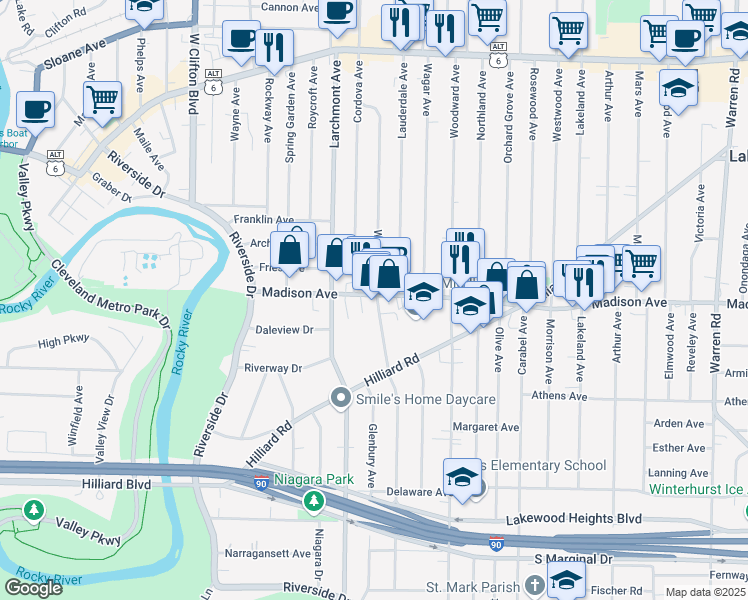 map of restaurants, bars, coffee shops, grocery stores, and more near 17001 Madison Avenue in Lakewood