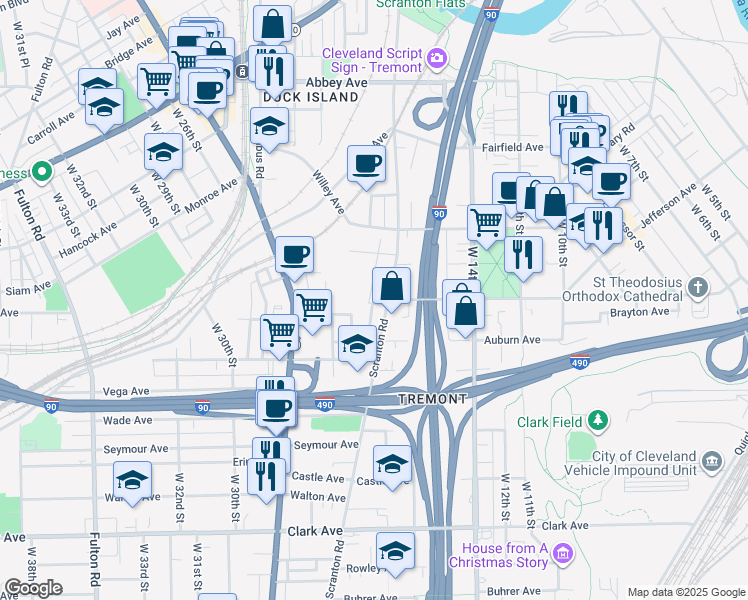 map of restaurants, bars, coffee shops, grocery stores, and more near 2518 West 18th Place in Cleveland