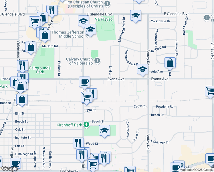 map of restaurants, bars, coffee shops, grocery stores, and more near 1001 Elizabeth Drive in Valparaiso