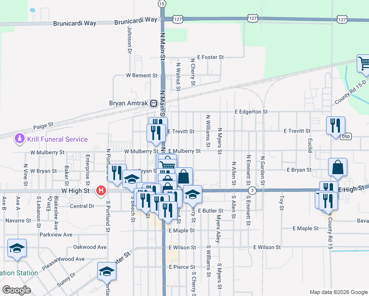 map of restaurants, bars, coffee shops, grocery stores, and more near 321 North Cherry Street in Bryan