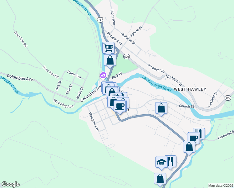 map of restaurants, bars, coffee shops, grocery stores, and more near 103 Main Ave in Hawley
