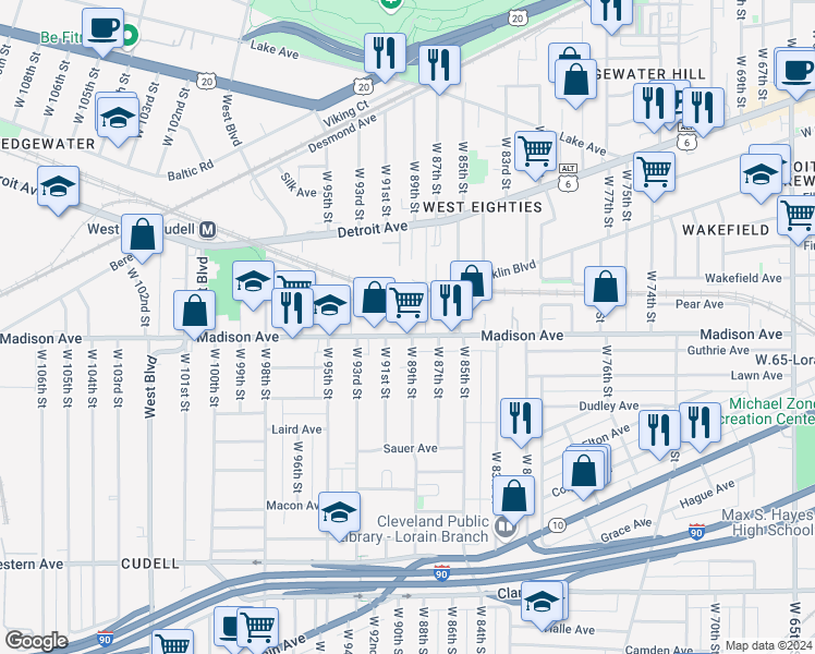 map of restaurants, bars, coffee shops, grocery stores, and more near 8922 Madison Avenue in Cleveland