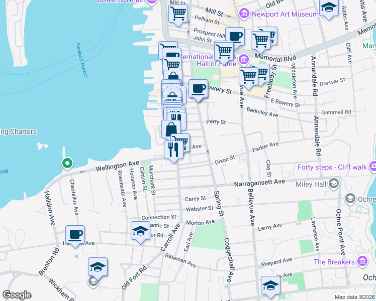 map of restaurants, bars, coffee shops, grocery stores, and more near 21 Underwood Court in Newport