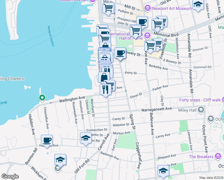 map of restaurants, bars, coffee shops, grocery stores, and more near 21 Underwood Court in Newport