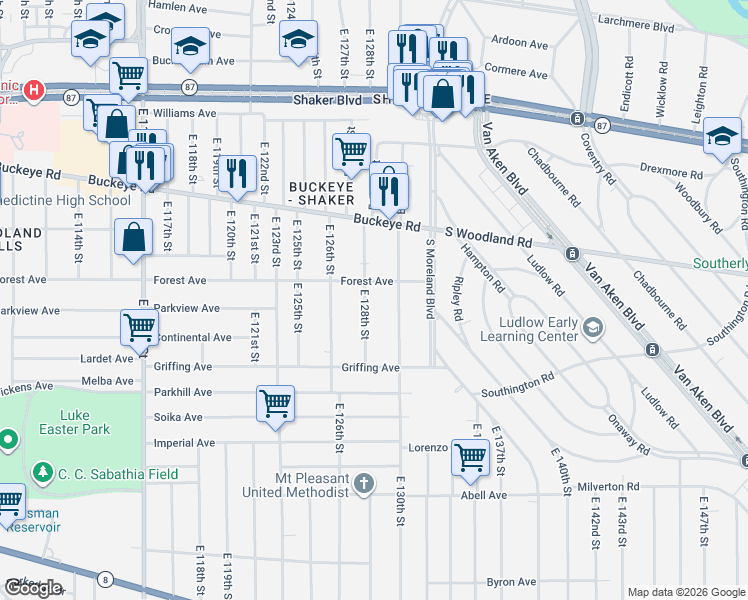 map of restaurants, bars, coffee shops, grocery stores, and more near 12902 Forest Avenue in Cleveland