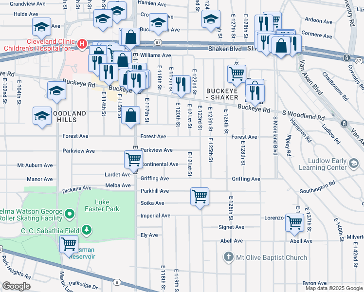 map of restaurants, bars, coffee shops, grocery stores, and more near 12016 Forest Avenue in Cleveland