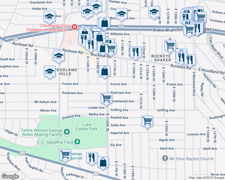 map of restaurants, bars, coffee shops, grocery stores, and more near 11710 Forest Avenue in Cleveland