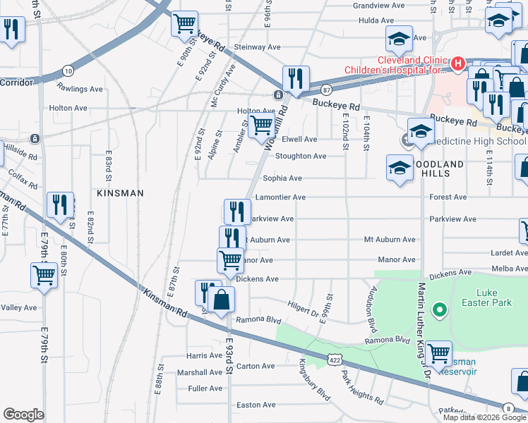 map of restaurants, bars, coffee shops, grocery stores, and more near 9504 Lamontier Avenue in Cleveland