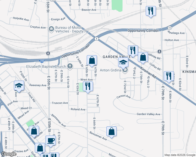 map of restaurants, bars, coffee shops, grocery stores, and more near in Cleveland