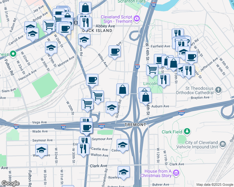 map of restaurants, bars, coffee shops, grocery stores, and more near 2518 West 18th Place in Cleveland