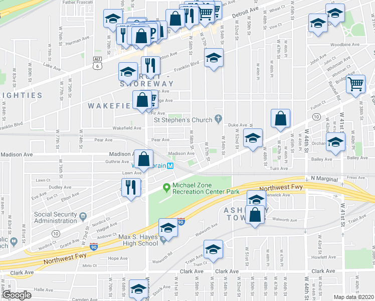 map of restaurants, bars, coffee shops, grocery stores, and more near 1967 West 58th Street in Cleveland