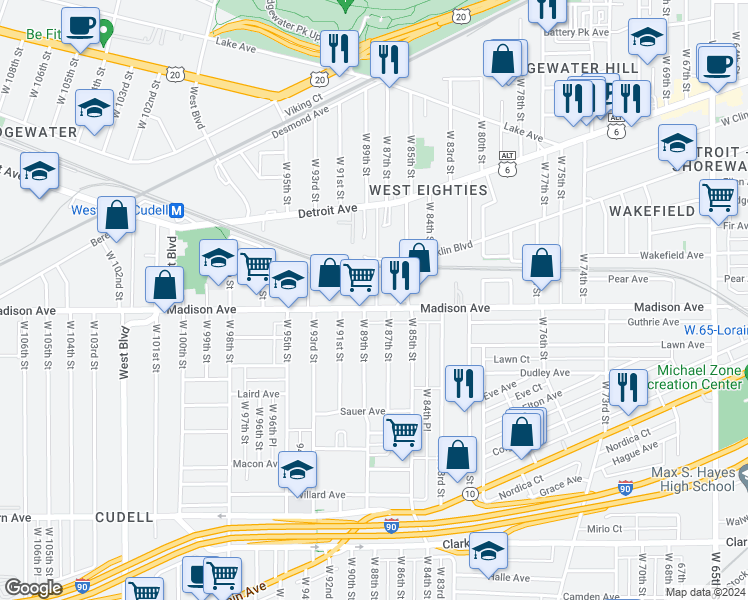 map of restaurants, bars, coffee shops, grocery stores, and more near 9004 Madison Avenue in Cleveland