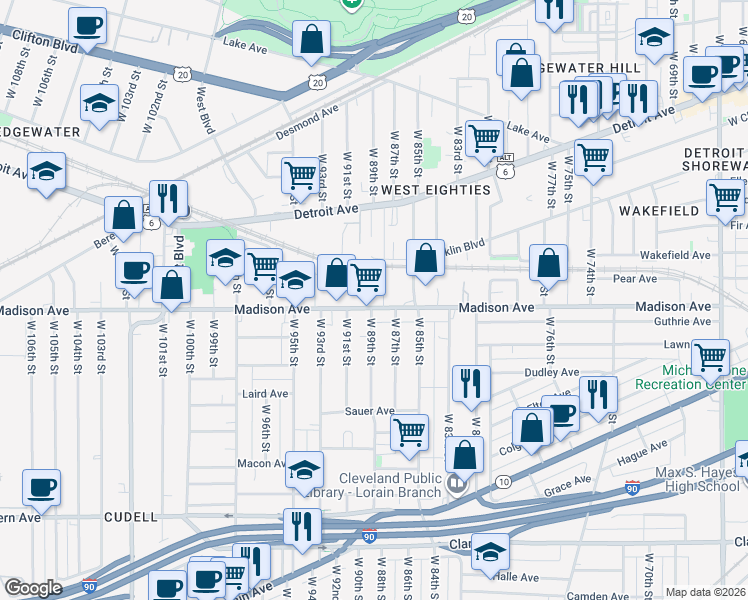 map of restaurants, bars, coffee shops, grocery stores, and more near 9004 Madison Avenue in Cleveland