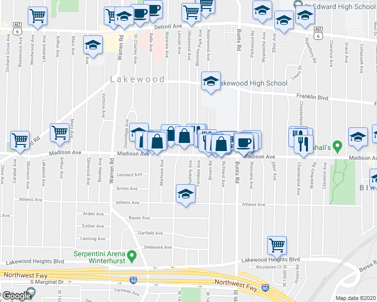 map of restaurants, bars, coffee shops, grocery stores, and more near 1670 Roosevelt Avenue in Lakewood