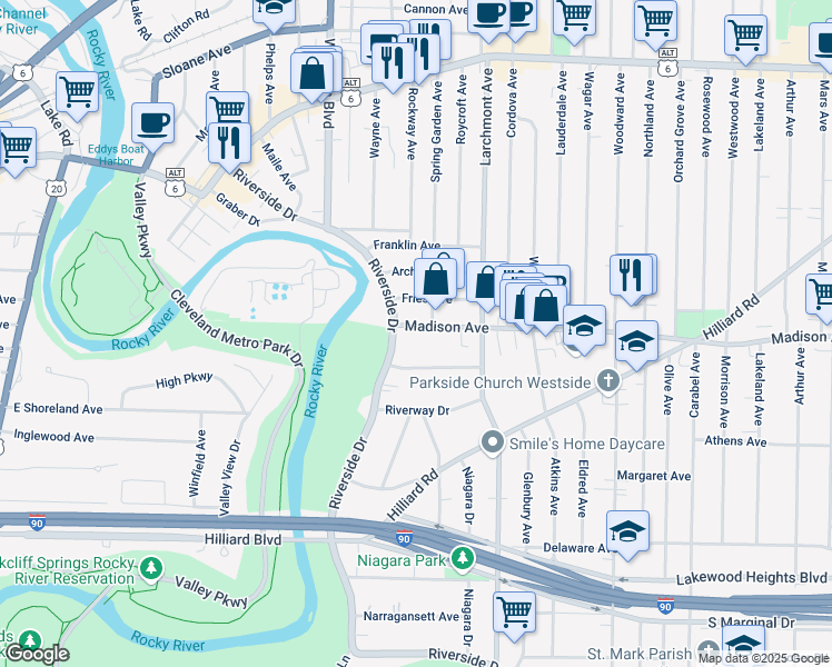 map of restaurants, bars, coffee shops, grocery stores, and more near 17526 Madison Avenue in Lakewood