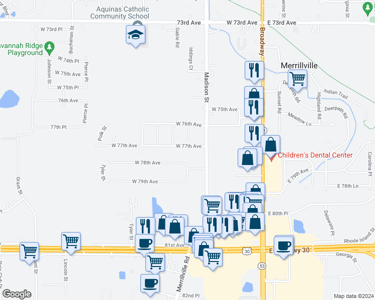 map of restaurants, bars, coffee shops, grocery stores, and more near 7691 Monroe Street in Merrillville