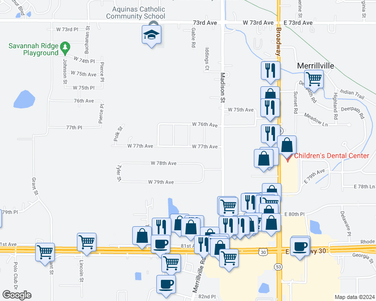 map of restaurants, bars, coffee shops, grocery stores, and more near 7697 Jackson St in Merrillville