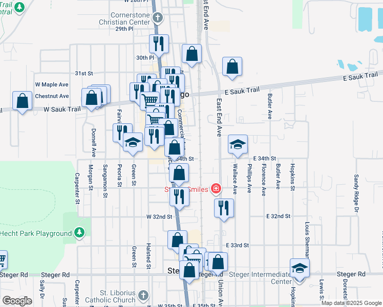map of restaurants, bars, coffee shops, grocery stores, and more near 3333 Commercial Avenue in Chicago Heights