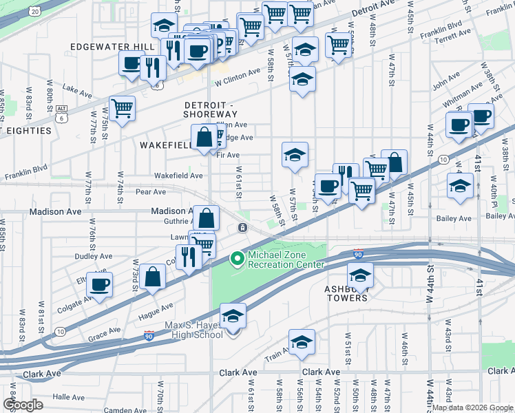 map of restaurants, bars, coffee shops, grocery stores, and more near 5908 Madison Avenue in Cleveland