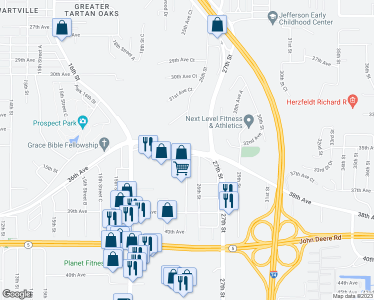 map of restaurants, bars, coffee shops, grocery stores, and more near 36th Avenue in Moline