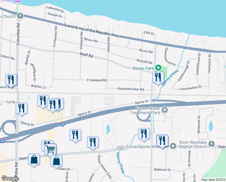 map of restaurants, bars, coffee shops, grocery stores, and more near 24209 Knickerbocker Road in Bay Village