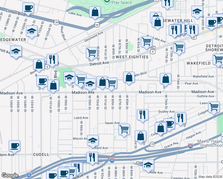 map of restaurants, bars, coffee shops, grocery stores, and more near 9004 Madison Avenue in Cleveland