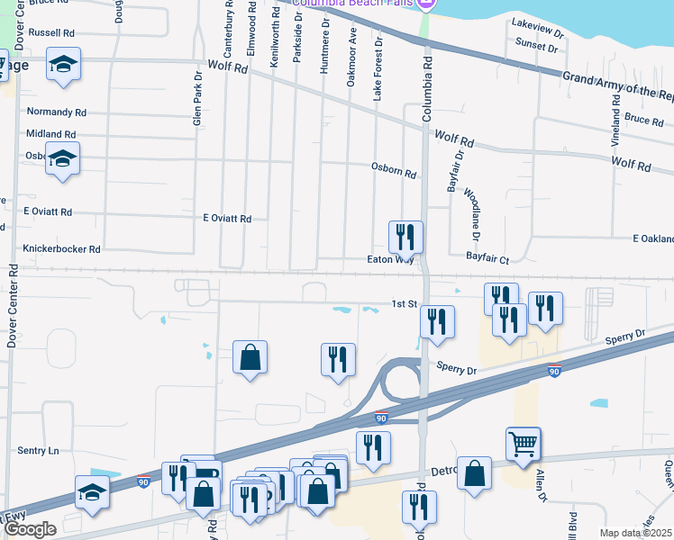 map of restaurants, bars, coffee shops, grocery stores, and more near 613 Huntmere Drive in Bay Village