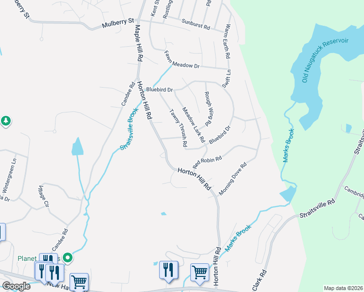 map of restaurants, bars, coffee shops, grocery stores, and more near 165 Tawny Thrush Road in Naugatuck