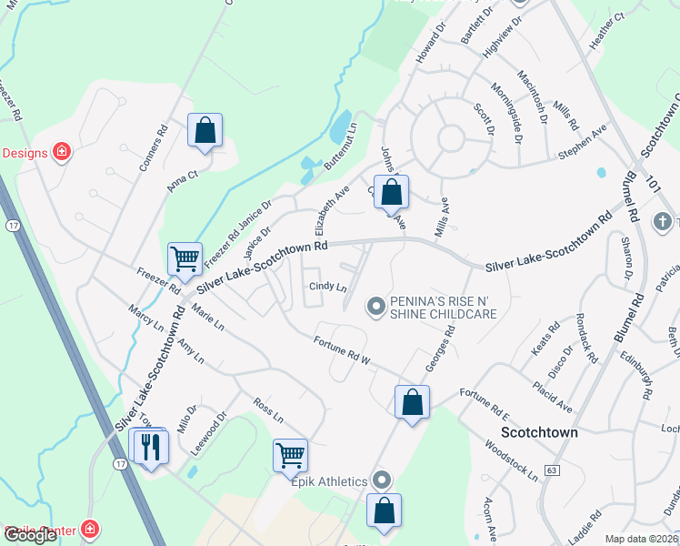 map of restaurants, bars, coffee shops, grocery stores, and more near 720 Silver Lake-Scotchtown Road in Scotchtown