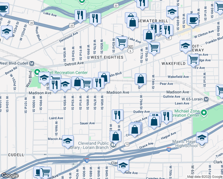 map of restaurants, bars, coffee shops, grocery stores, and more near 8404 Madison Avenue in Cleveland