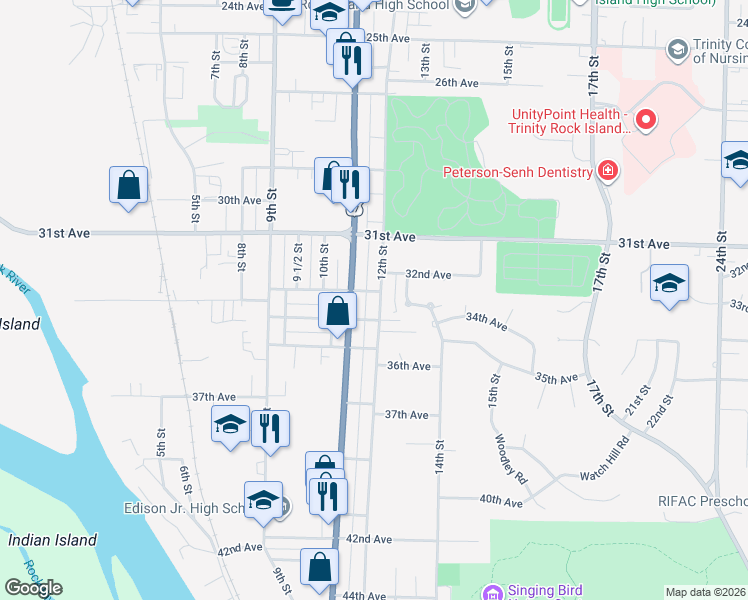 map of restaurants, bars, coffee shops, grocery stores, and more near 3150 12th Street in Rock Island